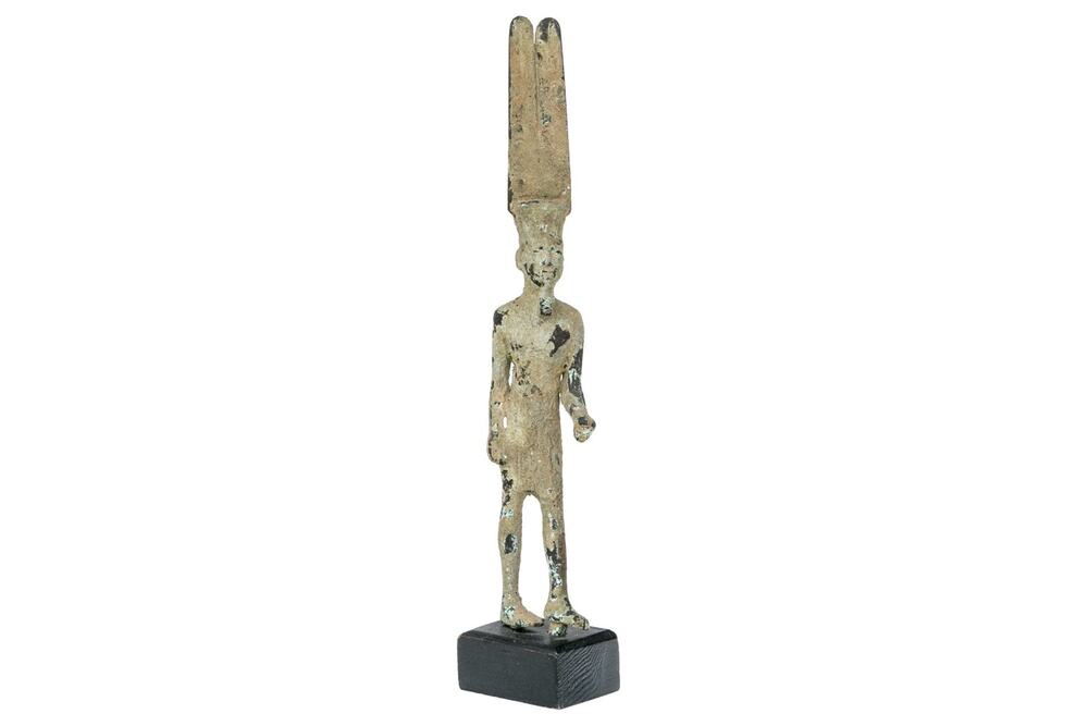 Vintage Egyptian Amun Figure Statue – Patinated Cast Metal on Wood Base